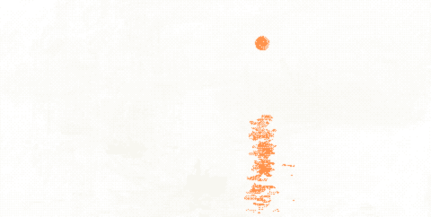 Dithered harbor scene with white boats and an orange sun