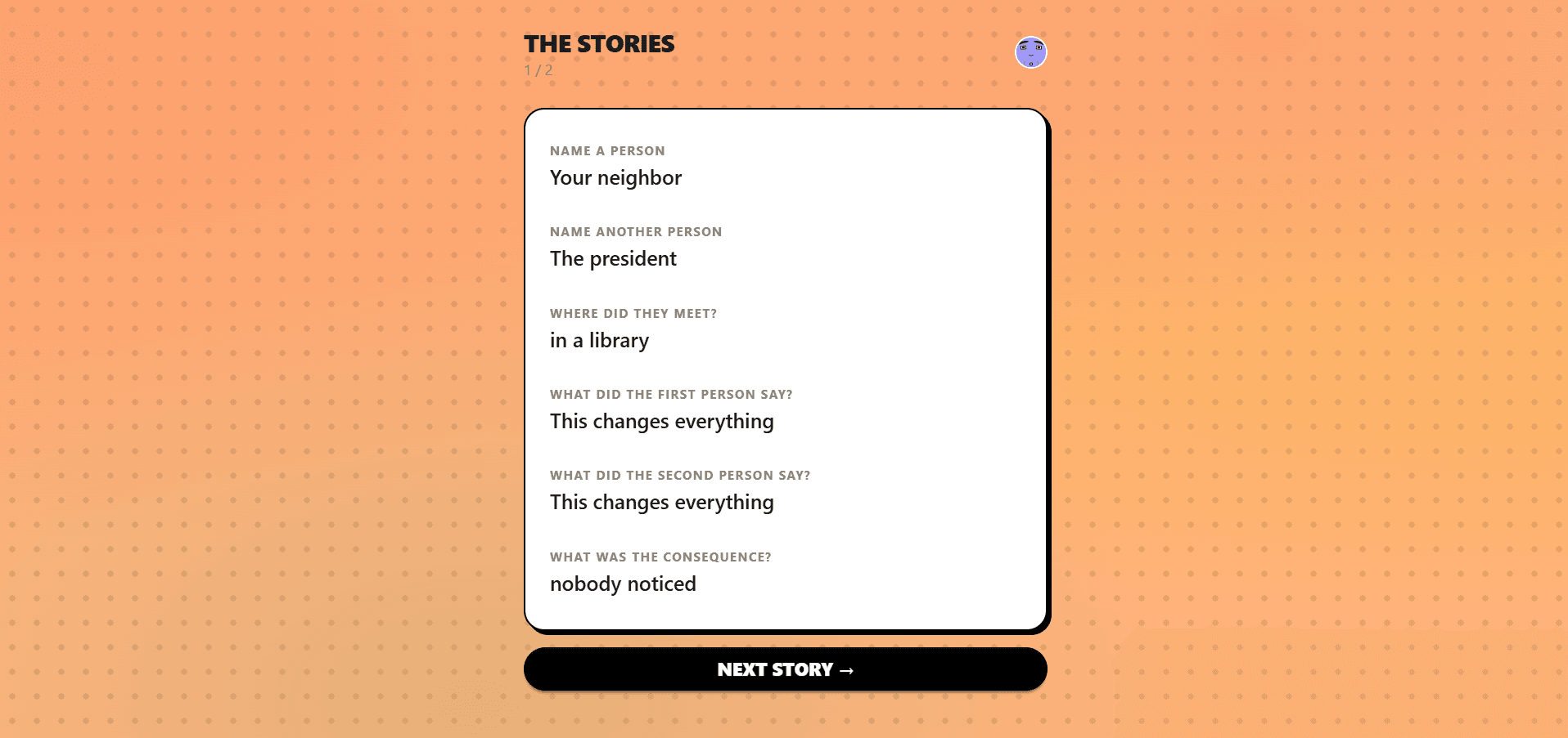 Story reveal with all prompts and answers