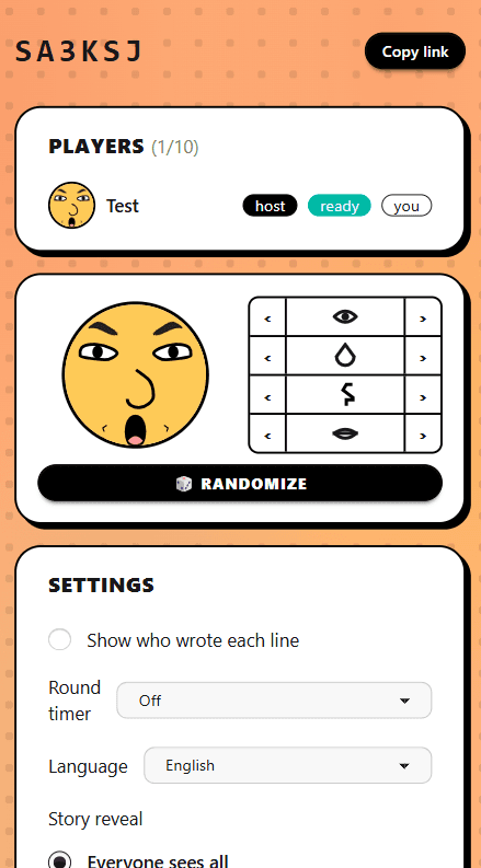 Mobile lobby with player list, avatar customizer, and settings