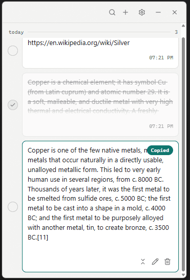 A note expanded with the Copied badge after copying it back to the clipboard