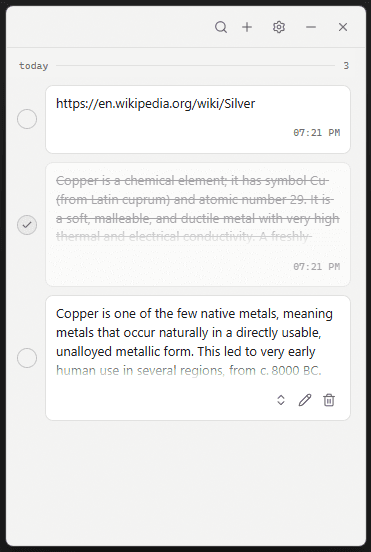 cu panel with captured notes grouped under a day header