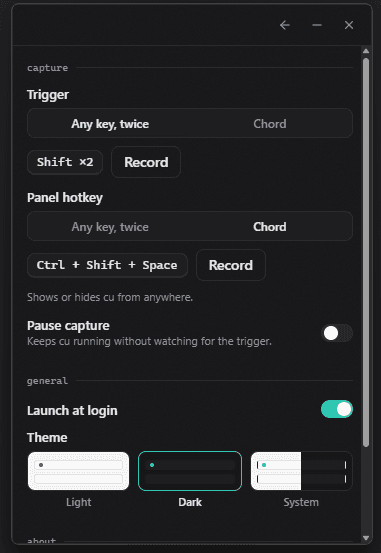 Settings in dark mode with the theme picker
