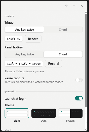 Settings in light mode showing trigger recording and panel hotkey options