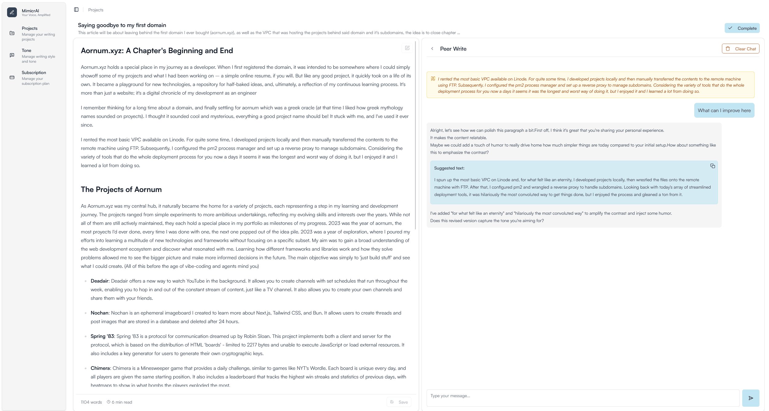 Peer-write/chat interface about the text