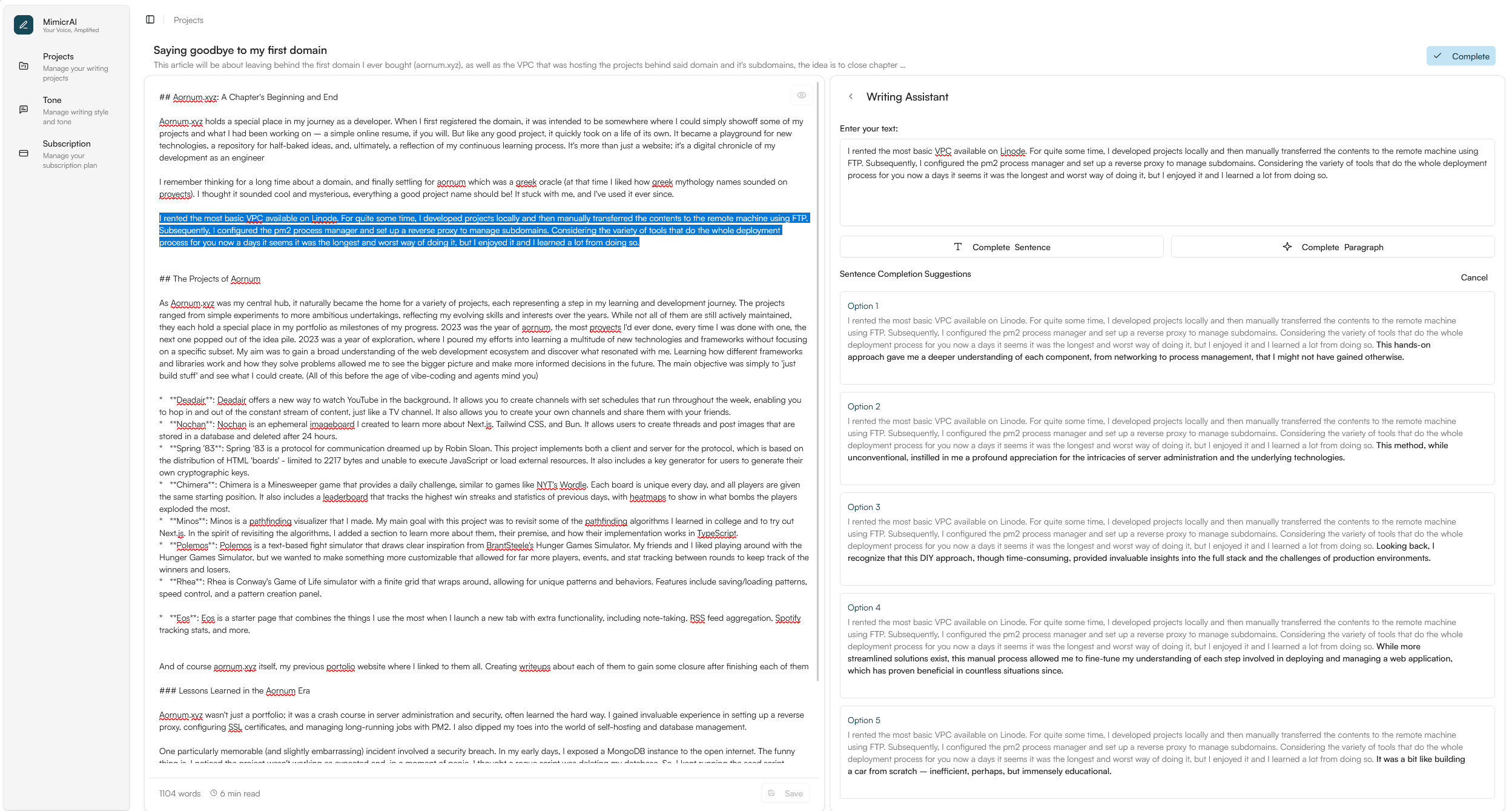 Sentence completion feature