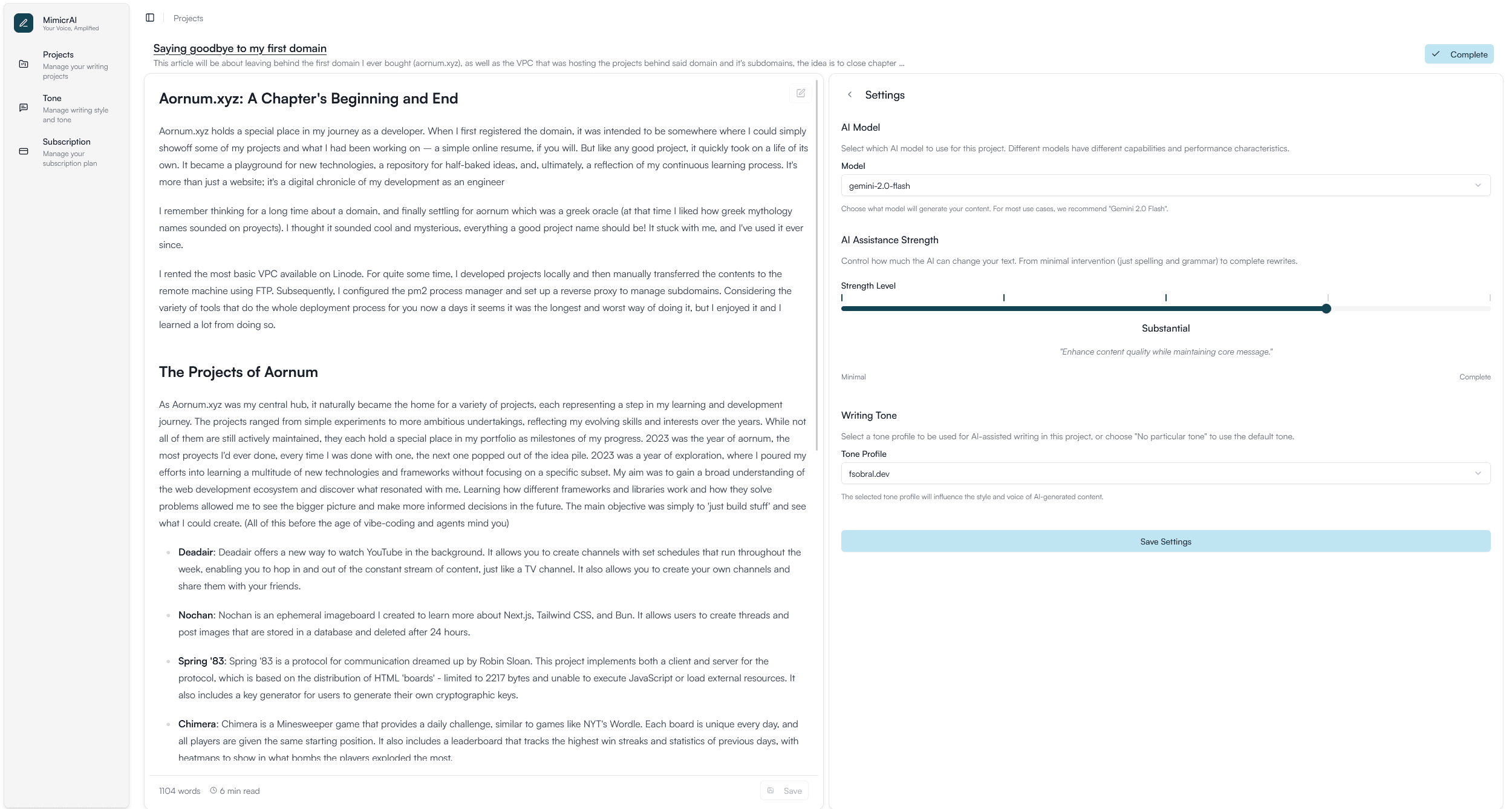 Project settings for AI model, strength, and tone