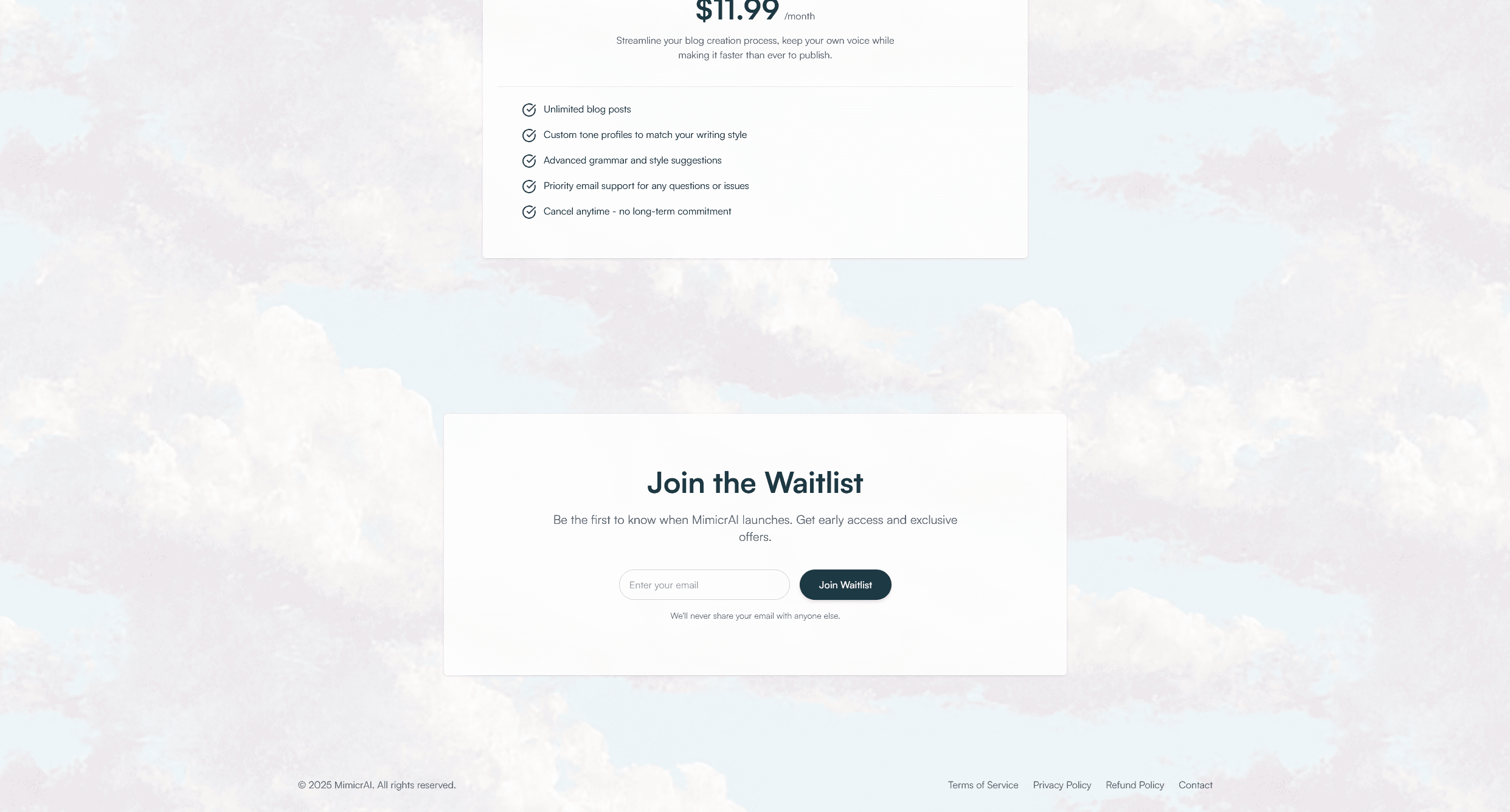 Landing page pricing section
