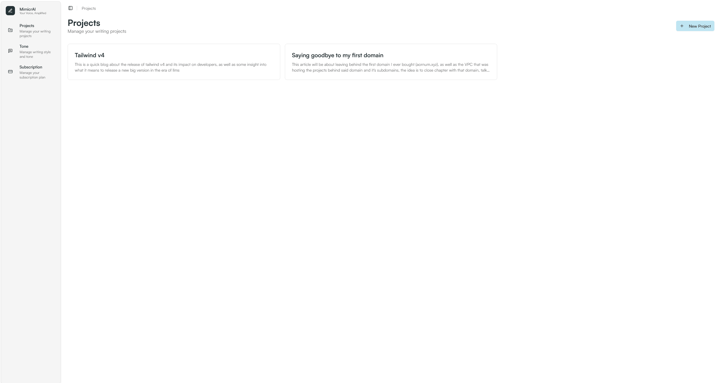 Project selection screen