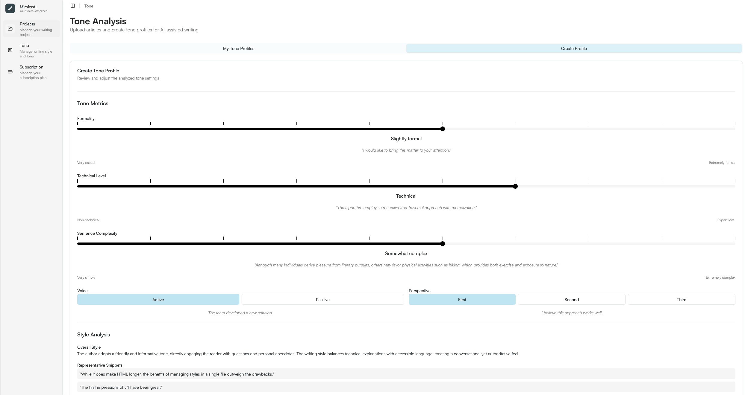 Tone analysis screen