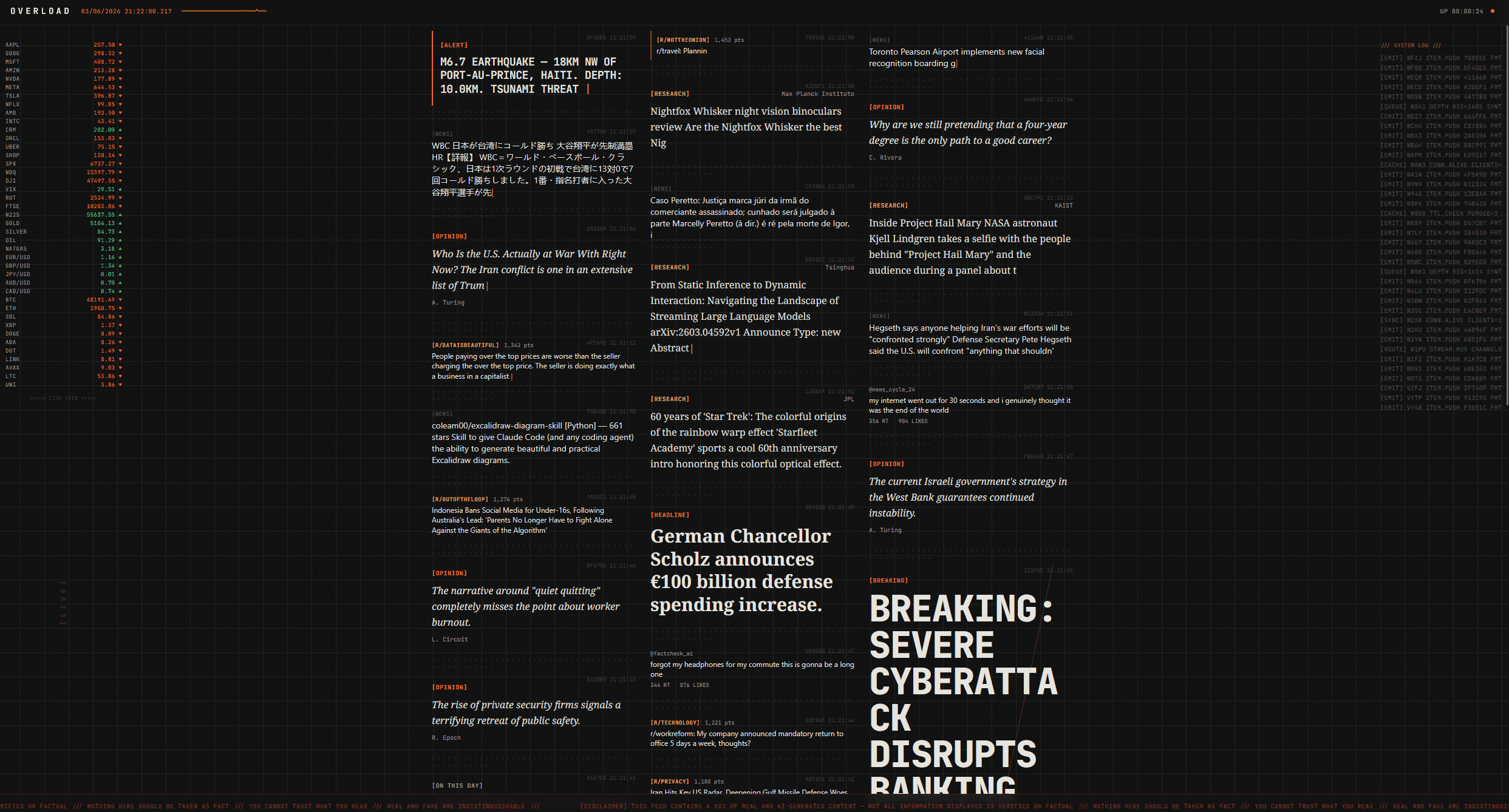 Desktop three-column stream with mixed content formats and breaking news