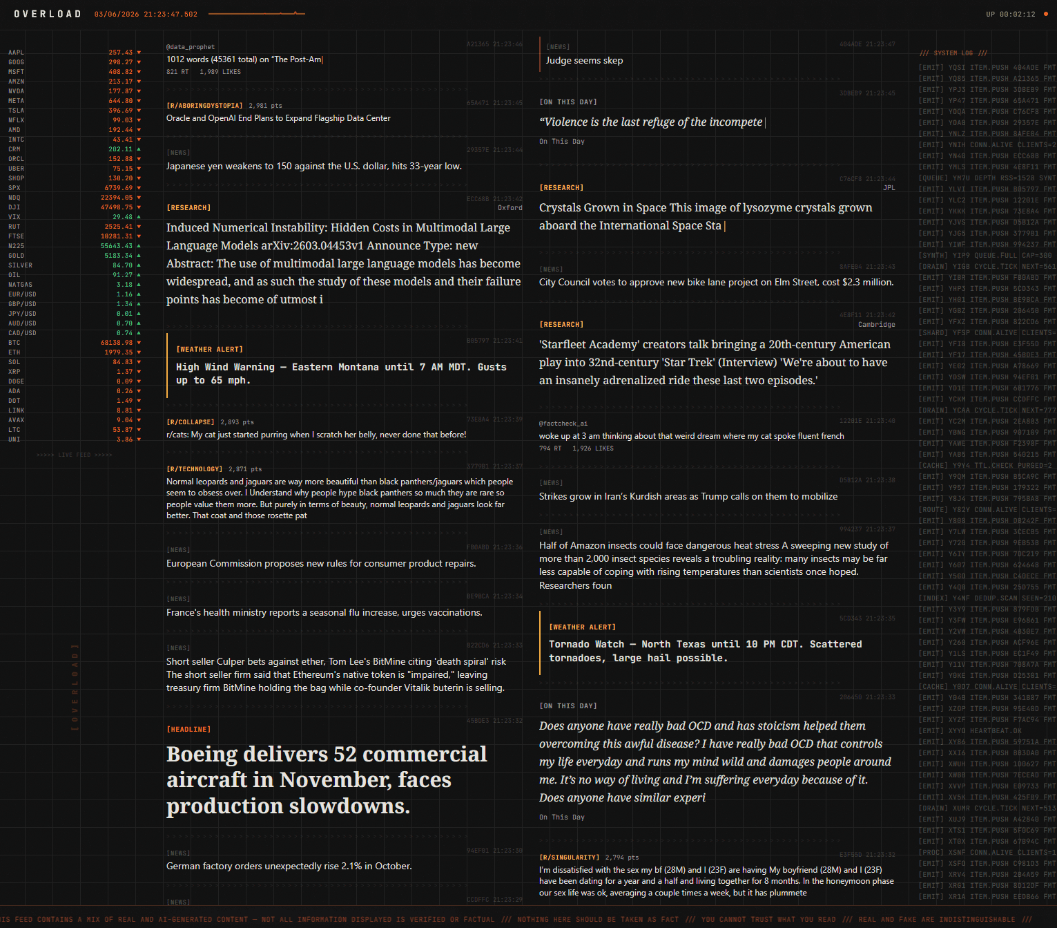Desktop two-column stream with weather alerts, research papers, opinions, and reddit posts