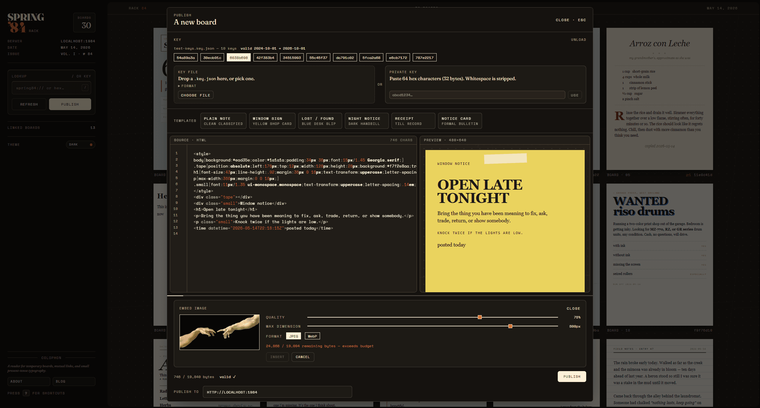 Spring '84 publish modal with HTML editor and live board preview
