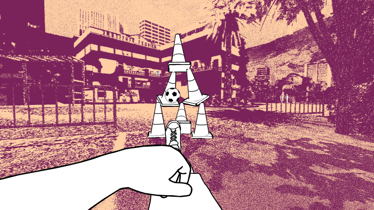 A dual-tone Quito street rendered in dithered purple and cream, with a hand-drawn white ball and cones sharp against the blurred photogrammetry