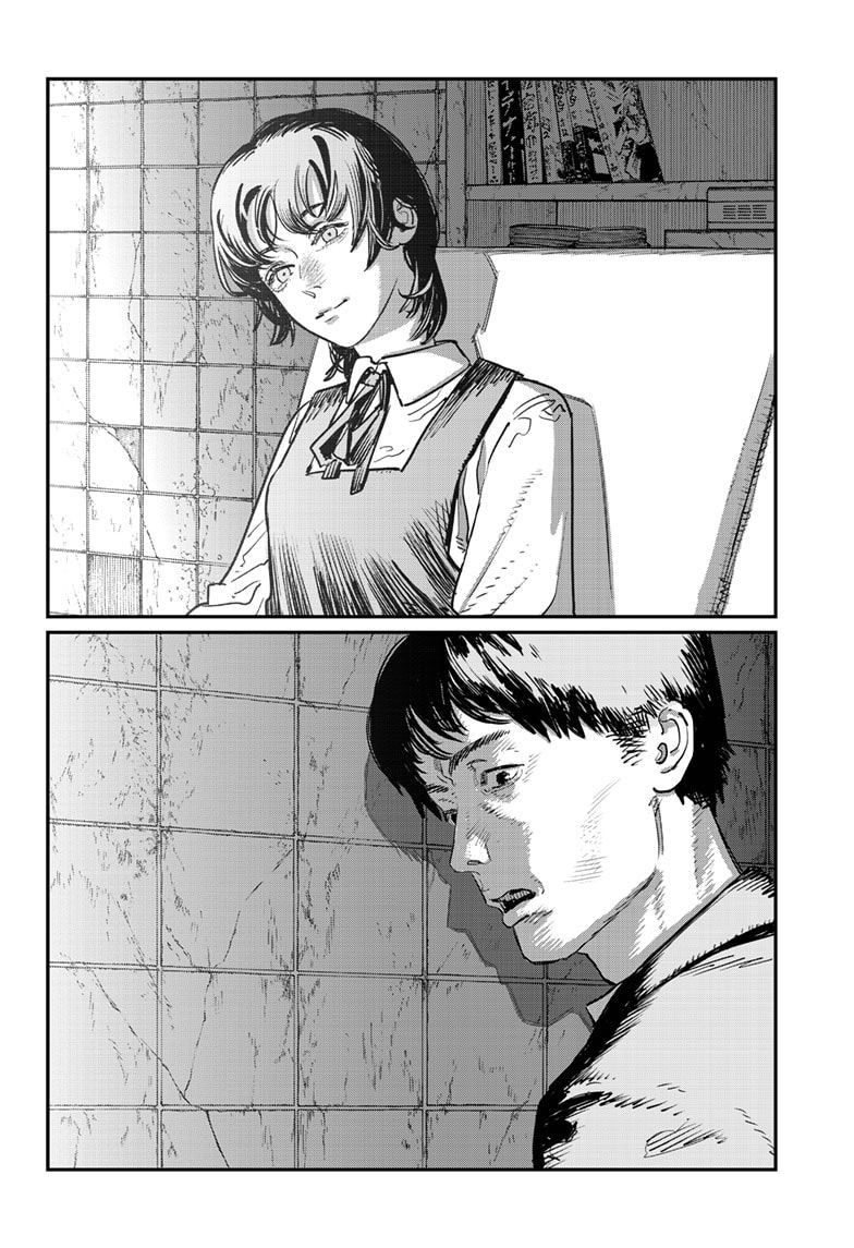 The grid breaks into two tall panels: Eri, unaged, leaning against a tiled wall, and an older Yuta staring at her