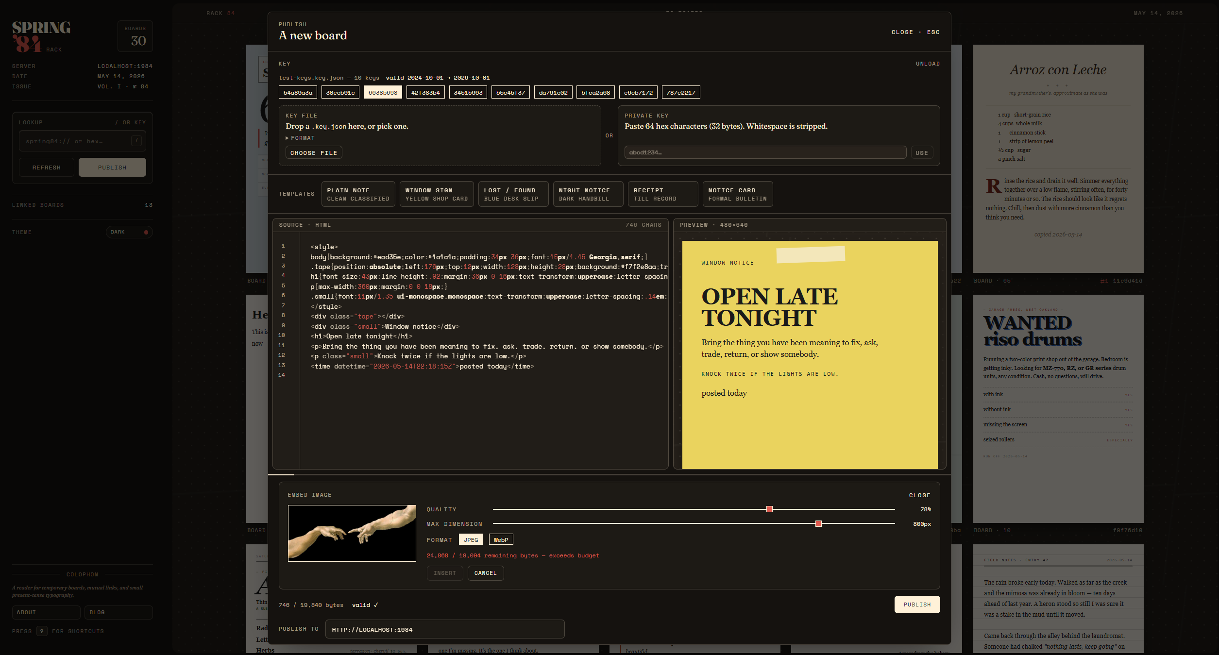 Spring '84 publish modal with HTML editor and live board preview